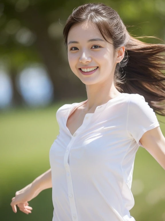 (masterpiece、high-level image quality、sharp focus)、Wearing a white shirt with short sleeves、one shirt button is missing, A Japanese Lady、23 age、(perfect anatomia、Precise and beautiful limbs), simple girl with little smile, wind blows hair, short ponytail , high angle camera, running pose, pink nipple