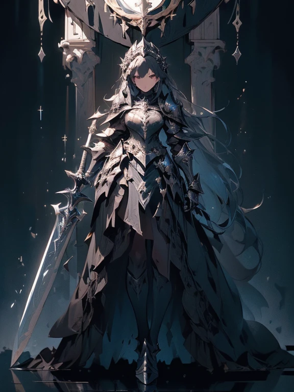 Design a layout showcase Gaming character, (1girl),(perfect face). Black|Gold clothes, opulent and dark. ((showcase weapon:1.4)), cursed blade. (masterpiece:1.2), (best quality), 4k, ultra-detailed. (Step by step design, layout art:1.5), (gloomy lighting, cursed atmosphere). dark knight, ((cursed gloves)), (((revealing armor:1.3))), dark vambraces, cursed boots, (((full_body_shot:1.4))).
