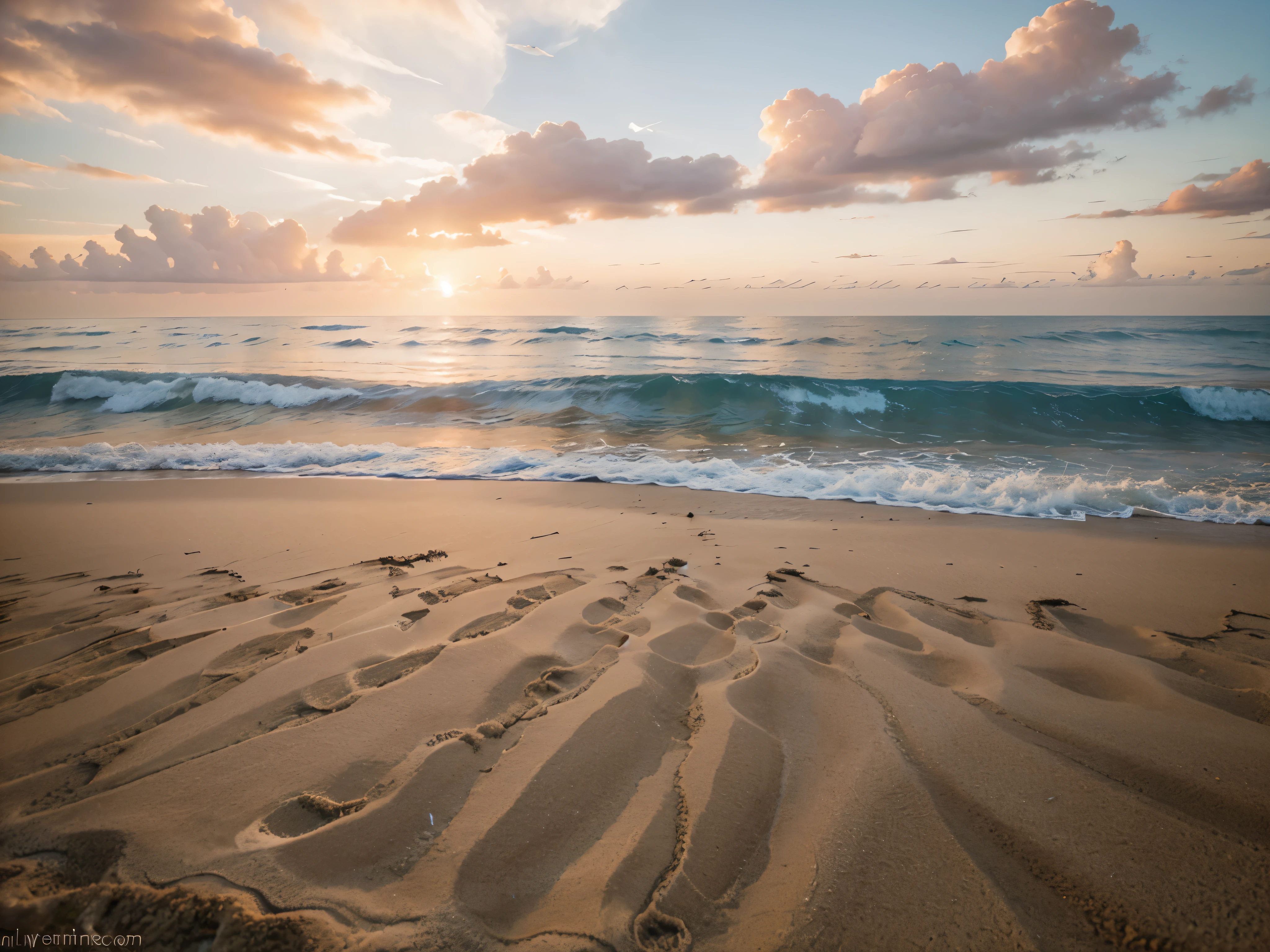 An absolutely mesmerizing sunset over the beach, with a blend of oranges, pinks, and yellows filling the sky. Crystal-clear waters of the sea gently kissing the shore, with sandy white beach stretching far and wide. The scene is dynamic and breathtaking, with seagulls soaring high in the sky and gently swaying palm trees. Take in the calming atmosphere and let the peacefulness wash over you.  