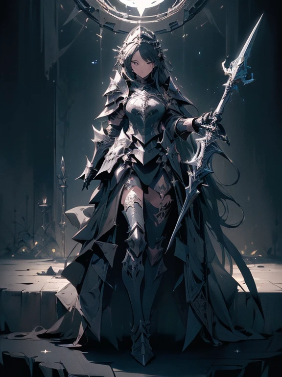 Design a layout showcase Gaming character, (1girl),(perfect face). Black|Gold clothes, opulent and dark. ((showcase weapon:1.4)), cursed blade. (masterpiece:1.2), (best quality), 4k, ultra-detailed. (Step by step design, layout art:1.5), (gloomy lighting, cursed atmosphere). dark knight, ((cursed gloves)), (((revealing armor:1.3))), dark vambraces, cursed boots, (((full_body_shot:1.4))).