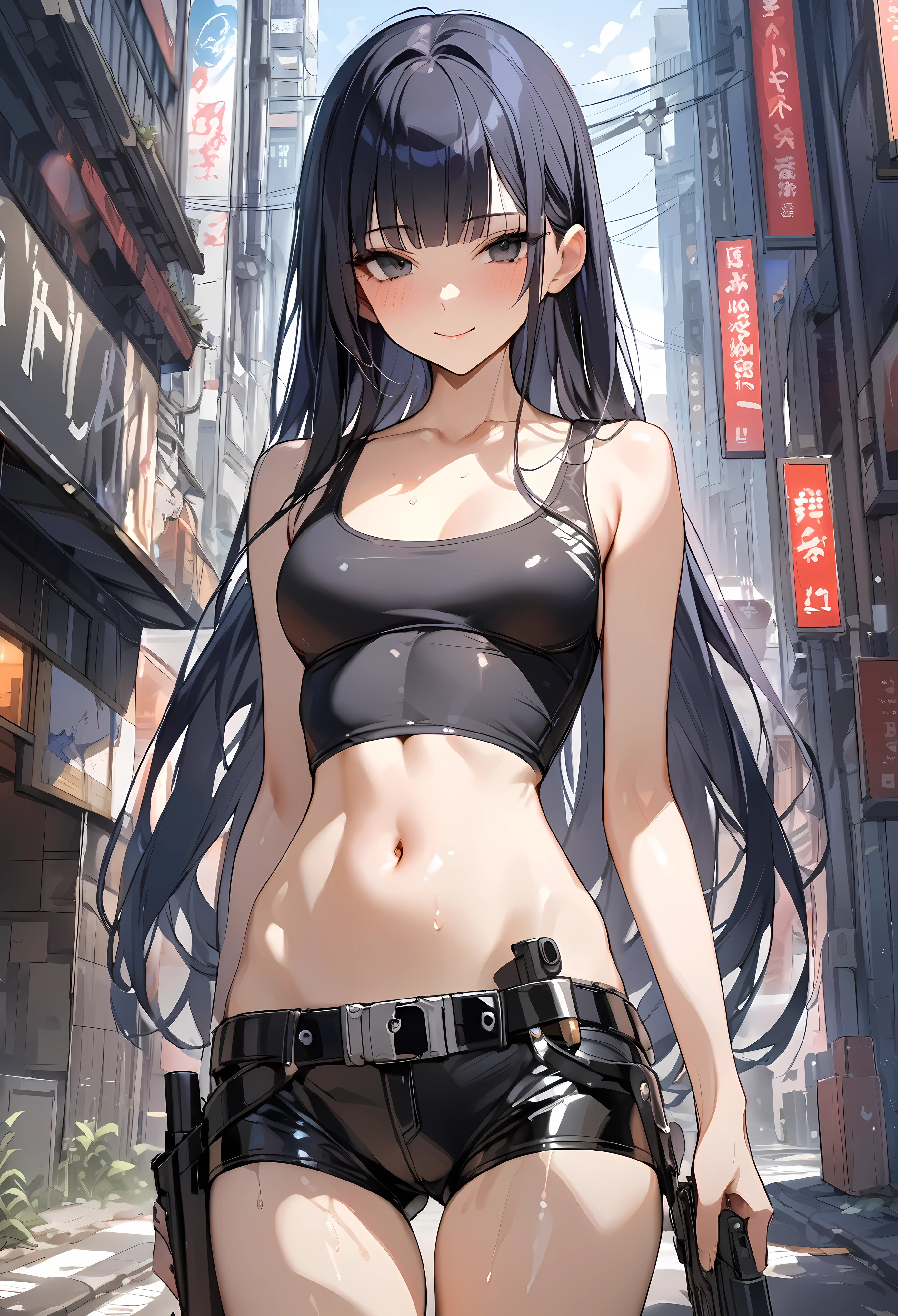 ((masterpiece, highest quality:1.3)),cowboy shot,20 year old beauty,solo,((very small head)),dark blue hair,long hair,black eyes,blunt bangs,medium breasts,((long body,slender body)),skinny,shiny skin,oily skin,smile,,Black tight tank top、Navel exposed、Black leather micro mini shorts、gunbelt,Equipped with a handgun、standing,on street、Ruined Tokyo、End of the World、