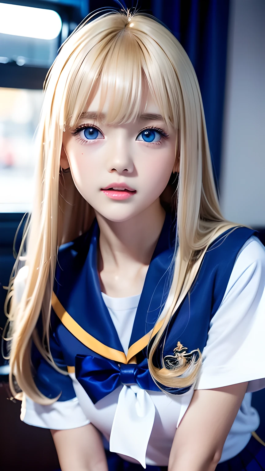 Portrait、(School uniform)、Sailor suit、Bright expression、bangs over eyes、Hair on the face、Younger, brighter, whiter skin、Best Looks、Blonde reflection、Natural platinum blonde hair with dazzling highlights、Super long straight silky hair、Shiny bright hair,、Super long, silky straight hair、Shiny beautiful bangs、Sparkling, clear, attractive, big bright blue eyes、A very beautiful, lovely and cute 16 year old girl.、Big and ample breasts、With slits、((The whole body is visible))、Cheek gloss highlighter、Small Face Girl、Round face