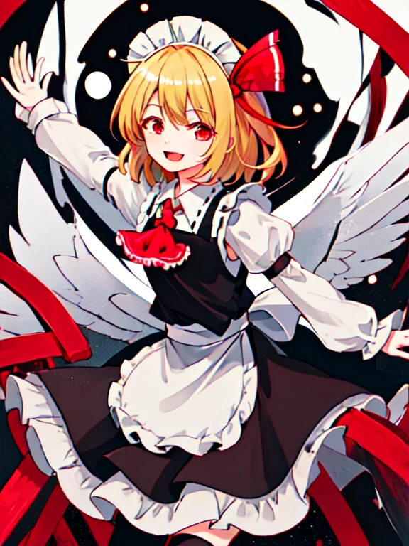 best quality, masterpiece, highres, solo, {maid:1.40}, {long maid dress:1.15}, {rumia_touhou:1.15}, blonde_hair, ribbon, short_hair, hair_ribbon, red_eyes, vest, smile, open_mouth, red_ribbon, ascot