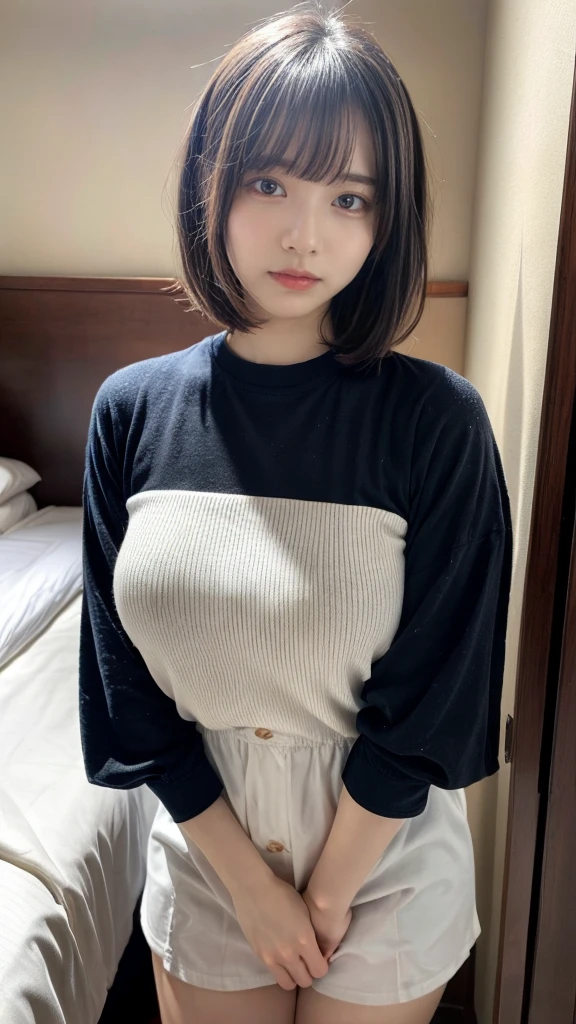 masterpiece, best quality, illustration, Super detailed, fine details, High resolution, 8K,wall paper, perfect dynamic composition,(Details High quality, realistic depiction of eyes:1.3), short bob hair,  (Oversized_Shirt:1.2)、Oversized_Shirt, ((facing viewer)), hotel room, Layered Cut, black hair color, Big Natural Color Lip, sexy pose, crying a little、cold gaze, Harajuku style、20 year old girl、cute type、ta, hposing Gravure Idol, full body photo, huge breasts