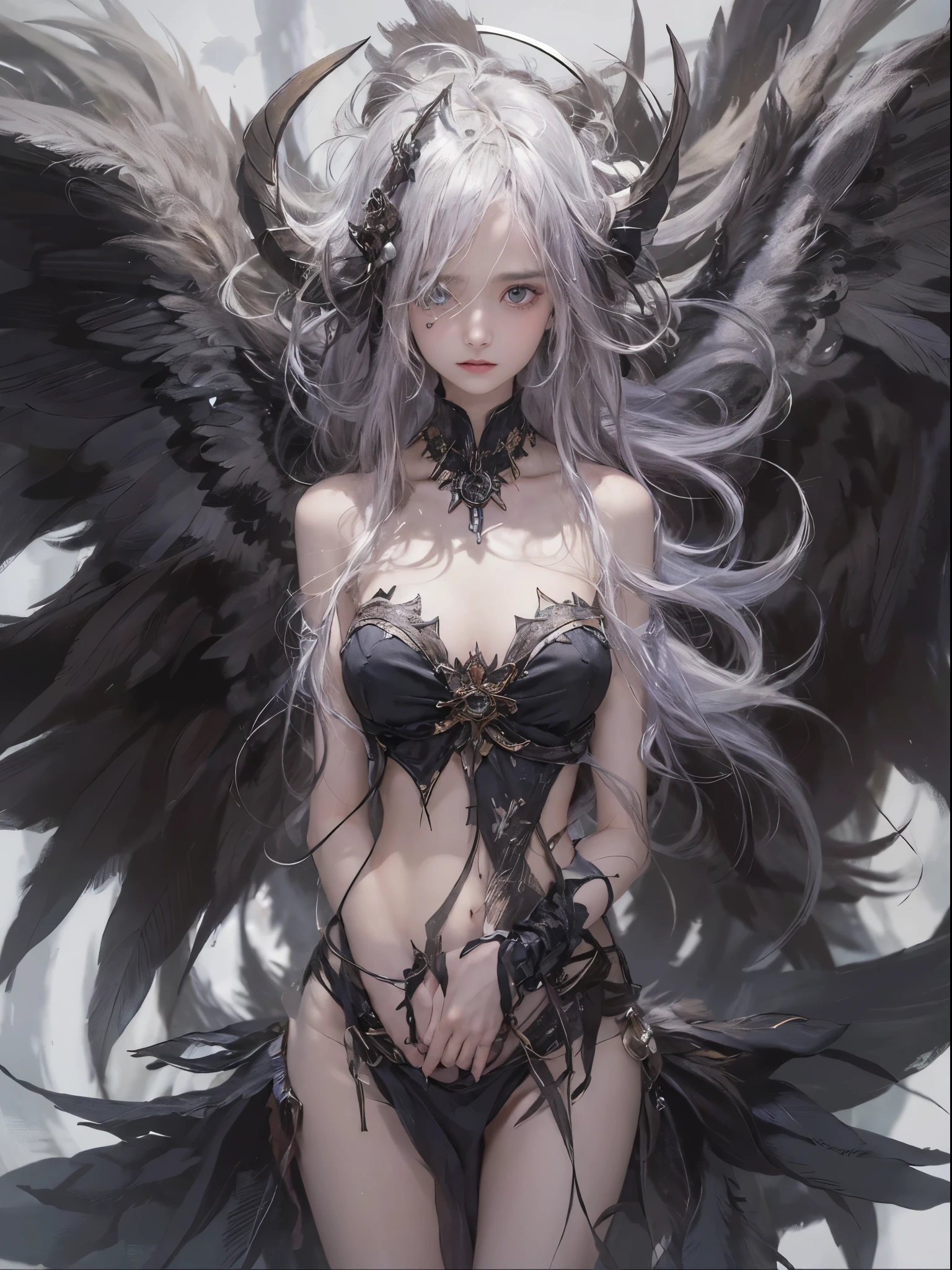 (white color concept:1.0),a girl like doll with devil wings, archdevil, nearly naked, thin body, skinny, small breasts, flat chest, (dynamic pose:1.2), thin body, tiny tits, from the navel up, from below, devil crown, dragon horn, looking down at camera, (no hands),(Highest quality authentic textured skin),(Fine, Round, Symmetrical eyes),Delicate facial features,(Burning bright and cold eyes), very slim and thin body, naked, nude, (She has a mischievous sadness on her face),(Her face is gentle and beautiful),metal earrings on the ears,(dark hair),(silvery hair),(Dramatic photo:1.4),(dramatic pose),(flamboyant photo), downturned eyes, downward glance, A messy painting，(Hair flows in air:1.5),(Vortices and tidal currents in the background),(Dramaticlight),(Magnificent scene),(Surrounded by black feathers),Epic realism,Cinematic feeling,(high-density imaging review:1.5),Ultra detailed,Dramaticlight,(intricately details:1.1), complex background, darkness background, fractal background,(mighty fangs:1.2)