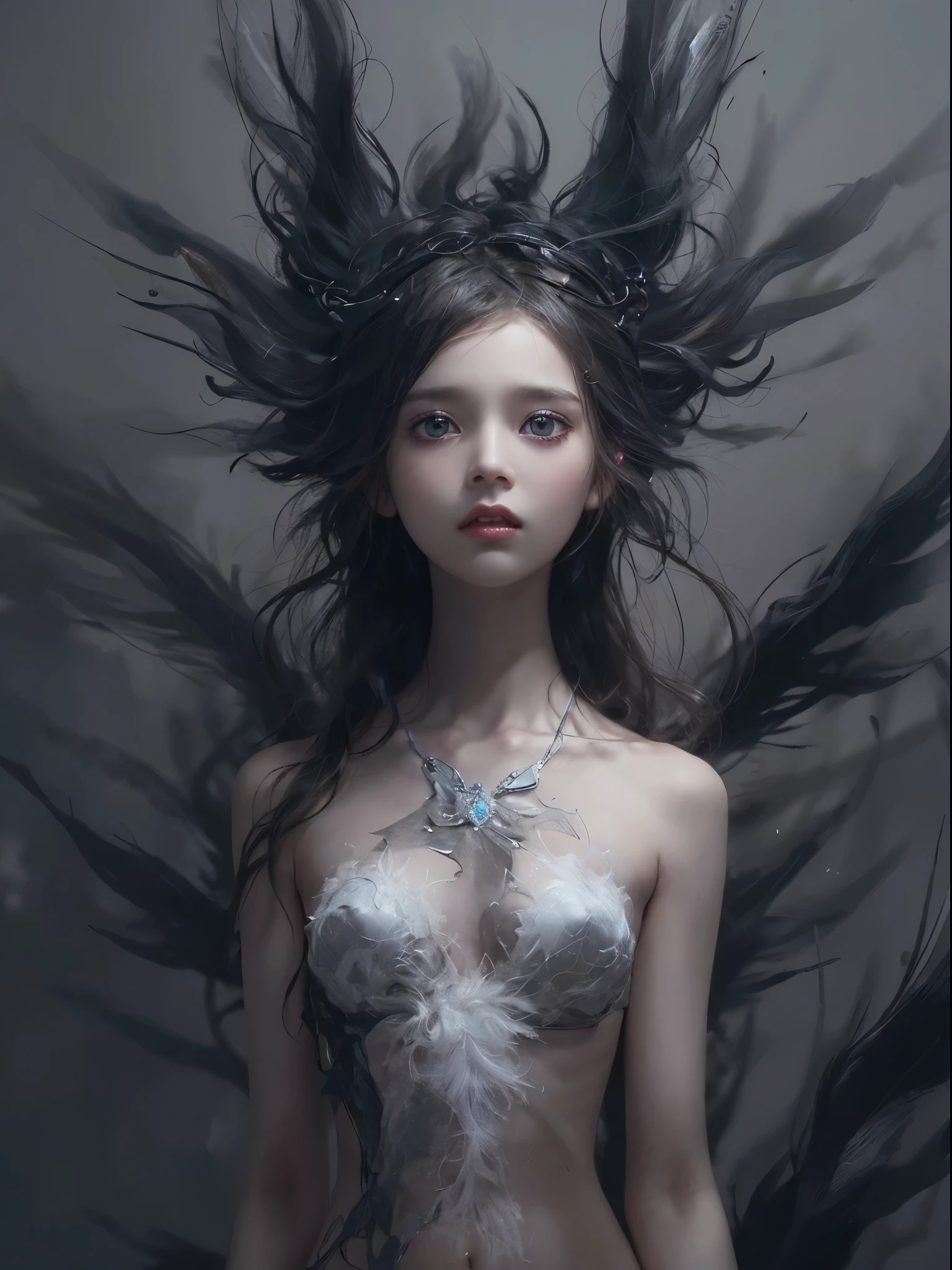 (white color concept:1.0),a girl like doll with devil wings, archdevil, nearly naked, thin body, skinny, small breasts, flat chest,  body, tiny tits, from the navel up, from below, devil crown, dragon horn, looking down at camera, (no hands),(Highest quality authentic textured skin),(Fine, Round, Symmetrical eyes),Delicate facial features,(Burning bright and cold eyes), very slim and thin body, naked, nude, (She has a mischievous sadness on her face),(Her face is gentle and beautiful),metal earrings on the ears,(dark hair),(silvery hair),(Dramatic photo:1.4),(dramatic pose),(flamboyant photo), downturned eyes, downward glance, A messy painting，(Hair flows in air:1.5),(Vortices and tidal currents in the background),(Dramaticlight),(Magnificent scene),(Surrounded by black feathers),Epic realism,Cinematic feeling,(high-density imaging review:1.5),Ultra detailed,Dramaticlight,(intricately details:1.1), complex background, darkness background, fractal background,(mighty fangs:1.2)