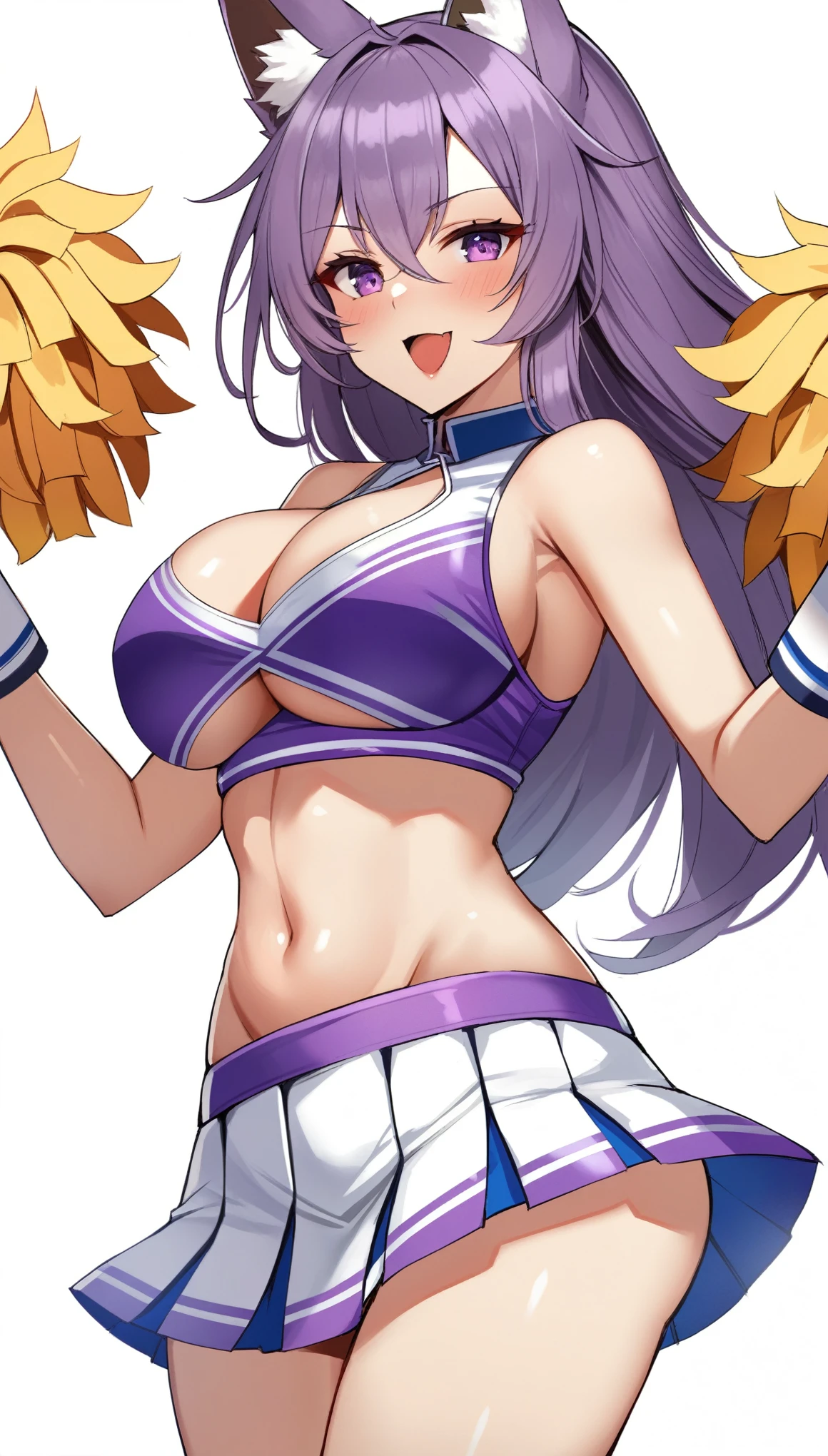 1girl, purple hair, foxgirl, sexy, purple eyes, d cup breasts, anime styled, 2D, mature, dynamic angle, cheerleader outfit, long hair, sexy, long hair, fit, low view, under boob, white background, mini skirt