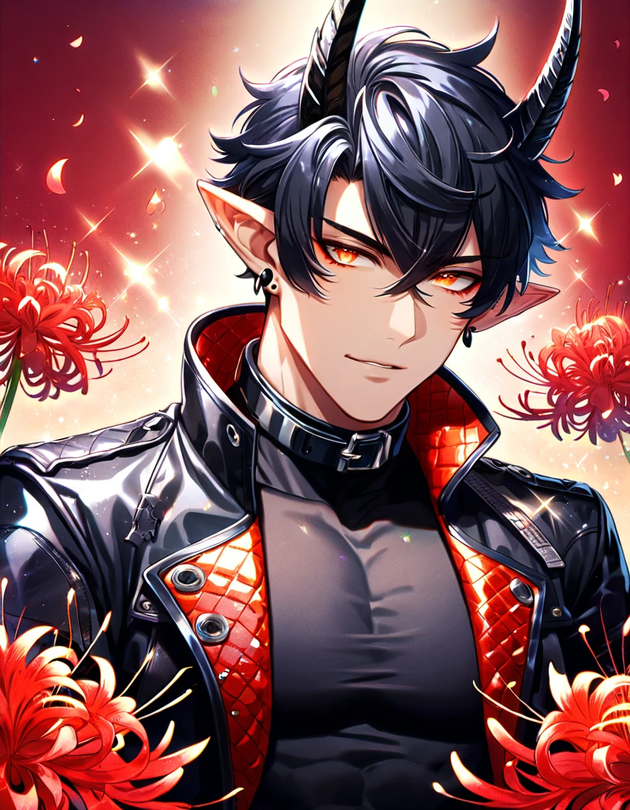 absurdres, highres, ultra detailed, HDR) master piece, best quality, Flamebringer, black hair, expressive orange eyes, Arknights, solo, sexy man, handsome, toned chest, slightly pointy ears, black horns, black tight shirt, cropped leather jacket, black collar, black earrings, magical fantasy, red butterflies, glittering, sparkling, red spider lilies, petals, radiant, red background