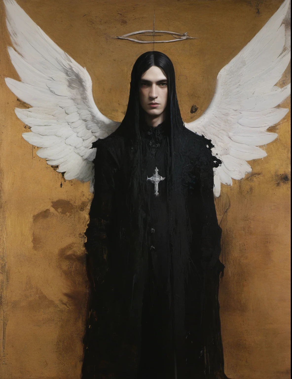 James Gurney, Surrealist art , dream-like, Mysterious, Provocative, symbolic, Complex, detailed,, (Gothic but very beautiful:1.4), (masterpiece, highest quality:1.4) , Nicola Samori Style, Laputa, Young and handsome men、Angel