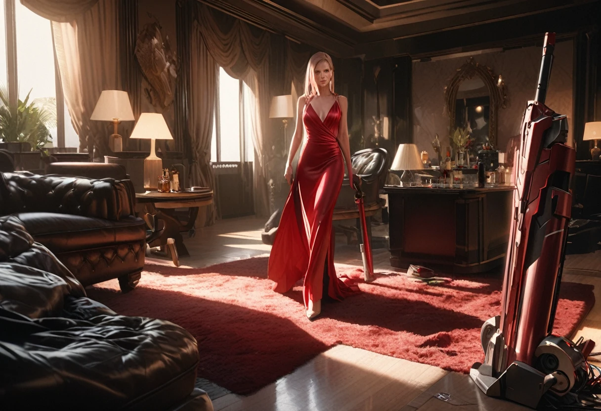 (subject 1: a highly detailed and realistic iron man, silver and red color scheme, maid outfit worn over the armor, cleaning up a mess in a luxurious living room), (subject 2: pepper potts (dressed in a fine evening gown, Gwyneth Paltrow age 25))watches nearby looking annoyed, cinematic lighting, 8k, photorealistic, masterpiece, intricate details, volumetric lighting, hyperrealistic, extremely detailed, sharp focus, professional studio quality
