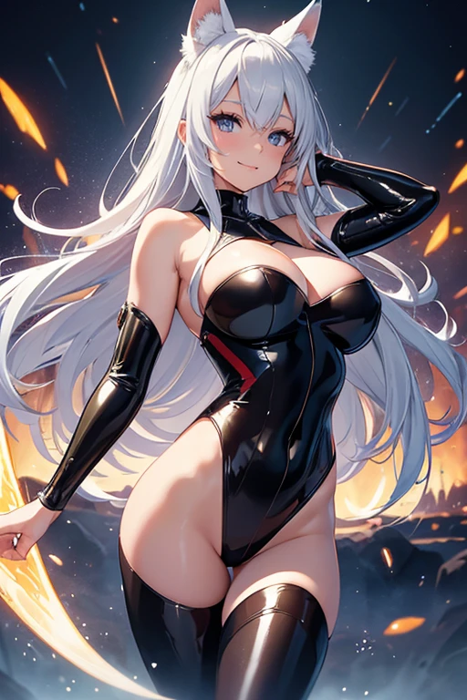 Beautiful girl
Beautiful bodystocking latex
Light Silver Hair、Fox ears、smile、Intense masterpiece Night Magic sexy, extremely beautiful 22歳 Big Breasts Beautiful Eyeagical gentle lighting beautiful hip, cowboy shot simple background. High-definition depiction, 8k, Unity, wide shot, light smile, Beautiful and clearly painted, explosion, beautiful Countless rays of light falling down, swirling light, big explosion background, one arm up over head, Intense light is emitted from the magic circle in front of the girl.
