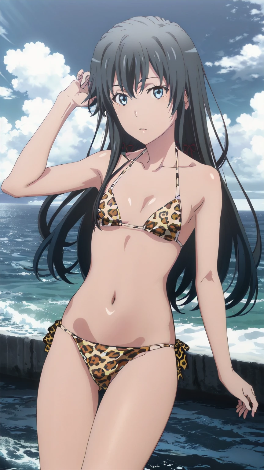 (masterpiece, 4K, highest quality, anime style: 1.9, Detailed face, Lovely, Ocean,Bold Line, High resolution, anime, Lake 4. alone, Curvaceous, Thighs, Cleavage, Center of chest, 非常にslimなお腹, Cowboy Shot, (Leopard print micro bikini),1 girl, yukino yukinoshita,((slim,Small ,Fair skin,Small face))