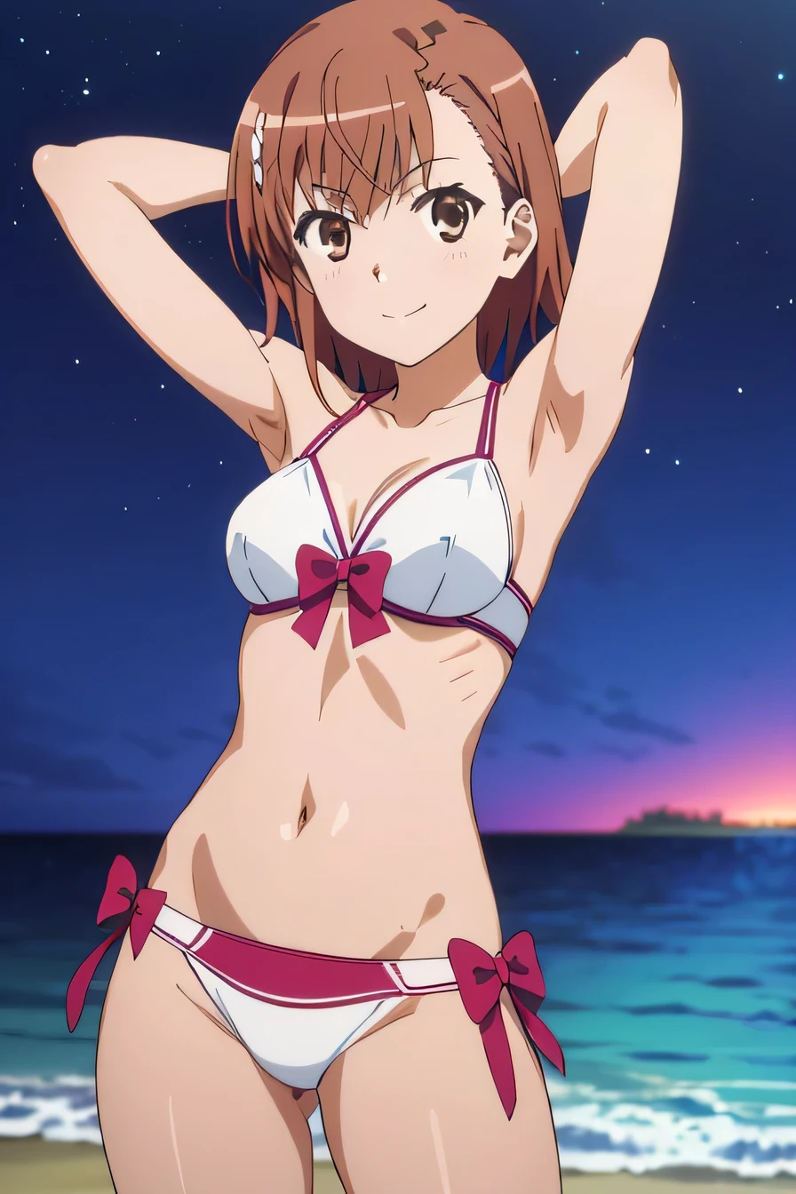 (((pixel-perfect, detail-perfect))), solo, 1girl, misaka mikoto, tokiwadai , bow, closed mouth, solo, (cowboy shot:1.5), night sky, beach, arms behind head, contrapposto, spread armpits, looking at viewer, best quality, smile,