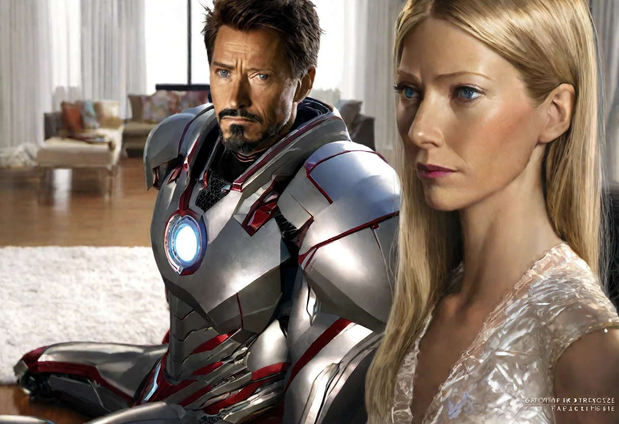 (subject 1: a highly detailed and realistic iron man, silver and red color scheme, maid outfit worn over the armor, cleaning up a mess in a luxurious living room), (subject 2: pepper potts (dressed in a fine evening gown, Gwyneth Paltrow age 25))watches nearby looking annoyed, cinematic lighting, 8k, photorealistic, masterpiece, intricate details, volumetric lighting, hyperrealistic, extremely detailed, sharp focus, professional studio quality