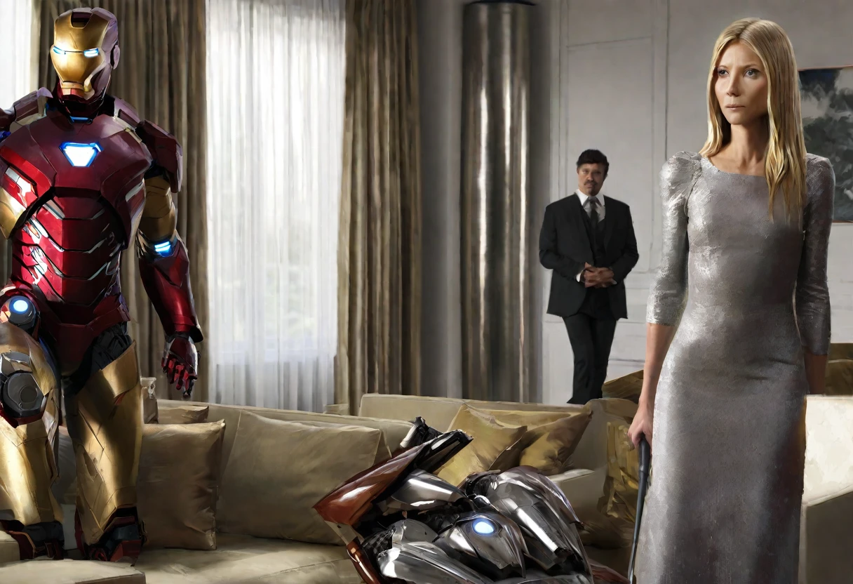 (subject 1: a highly detailed and realistic iron man, silver and red color scheme, maid outfit worn over the armor, cleaning up a mess in a luxurious living room), (subject 2: pepper potts (dressed in a fine evening gown, Gwyneth Paltrow age 25))watches nearby looking annoyed, cinematic lighting, 8k, photorealistic, masterpiece, intricate details, volumetric lighting, hyperrealistic, extremely detailed, sharp focus, professional studio quality