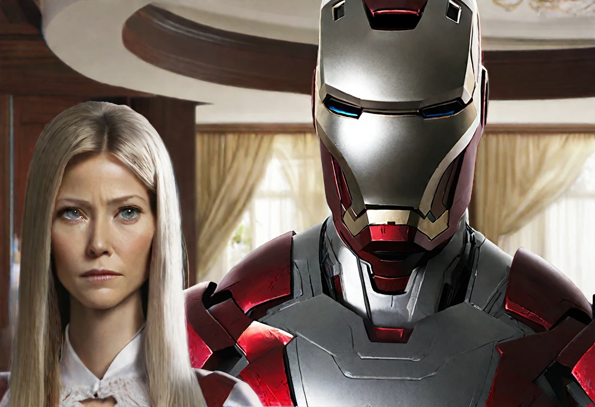 (subject 1: a highly detailed and realistic iron man, silver and red color scheme, maid outfit worn over the armor, cleaning up a mess in a luxurious living room), (subject 2: pepper potts (dressed in a fine evening gown, Gwyneth Paltrow age 25))watches nearby looking annoyed, cinematic lighting, 8k, photorealistic, masterpiece, intricate details, volumetric lighting, hyperrealistic, extremely detailed, sharp focus, professional studio quality