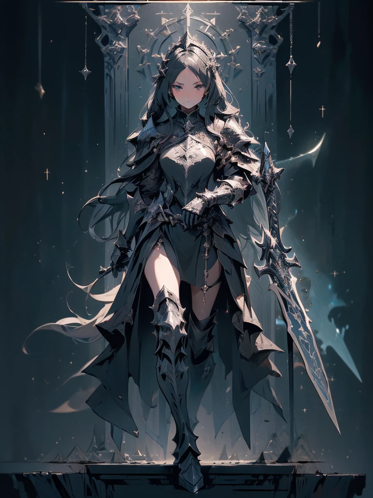 Design a layout showcase Gaming character, (1girl),(perfect face). Black|Gold clothes, opulent and dark. ((showcase weapon:1.4)), cursed blade. (masterpiece:1.2), (best quality), 4k, ultra-detailed. (Step by step design, layout art:1.5), (gloomy lighting, cursed atmosphere). dark knight, ((cursed gloves)), (((revealing armor:1.3))), dark vambraces, cursed boots, (((full_body_shot:1.4))).
