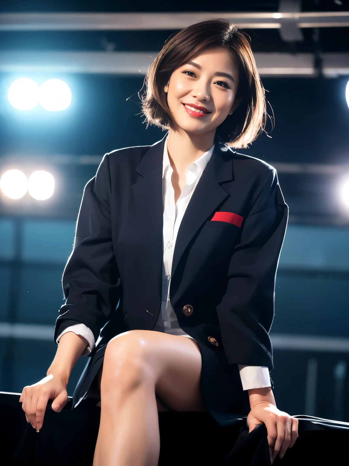 best image quality、ultra high resolution、1 korean girl、beautiful face、 (((squat))), ((Showing panties in a skirt)) , ((white panties)), short hair､Announcer wearing a tight suit with long sleeves、sitting in the studio、news caster, close up shot,