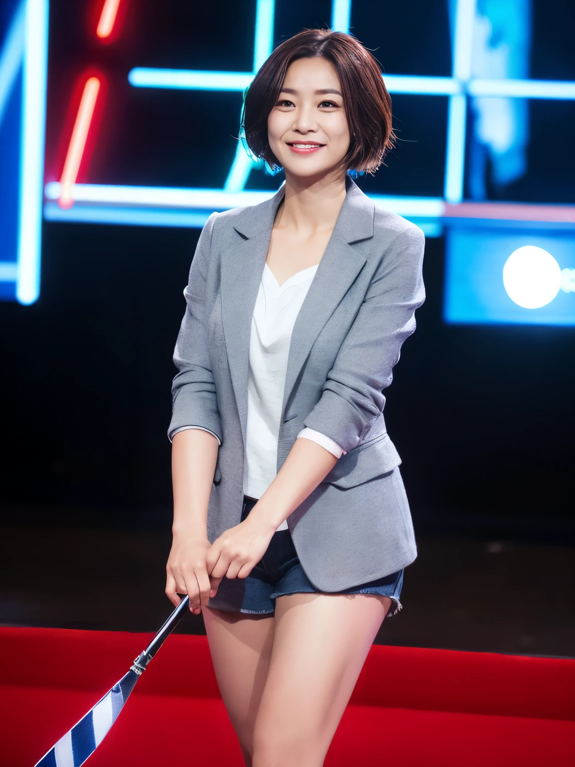 nude,masterpiece,highest quality, (1 mature woman、42 years old), ((close:0.5)), ((Cross Arm)), Glare, Grey blazer, White shirt, double eyelid, eyelash, Lip gloss, (smile:1), ((close your eyes:0.85)), ((Looking at the audience、The whole body is reflected、Are standing)), to be born, (From above:0.2), ((no one)), (office)、(knee length、Knee-high boots)、Written boundary depth、Pointy red mouth、(Reddish brown wet shiny short hair,,,,,,,,,),Red Mouth,clavicle、Full body portrait、digital illustration, (Photorealistic:1.3),(RAW Photos.)