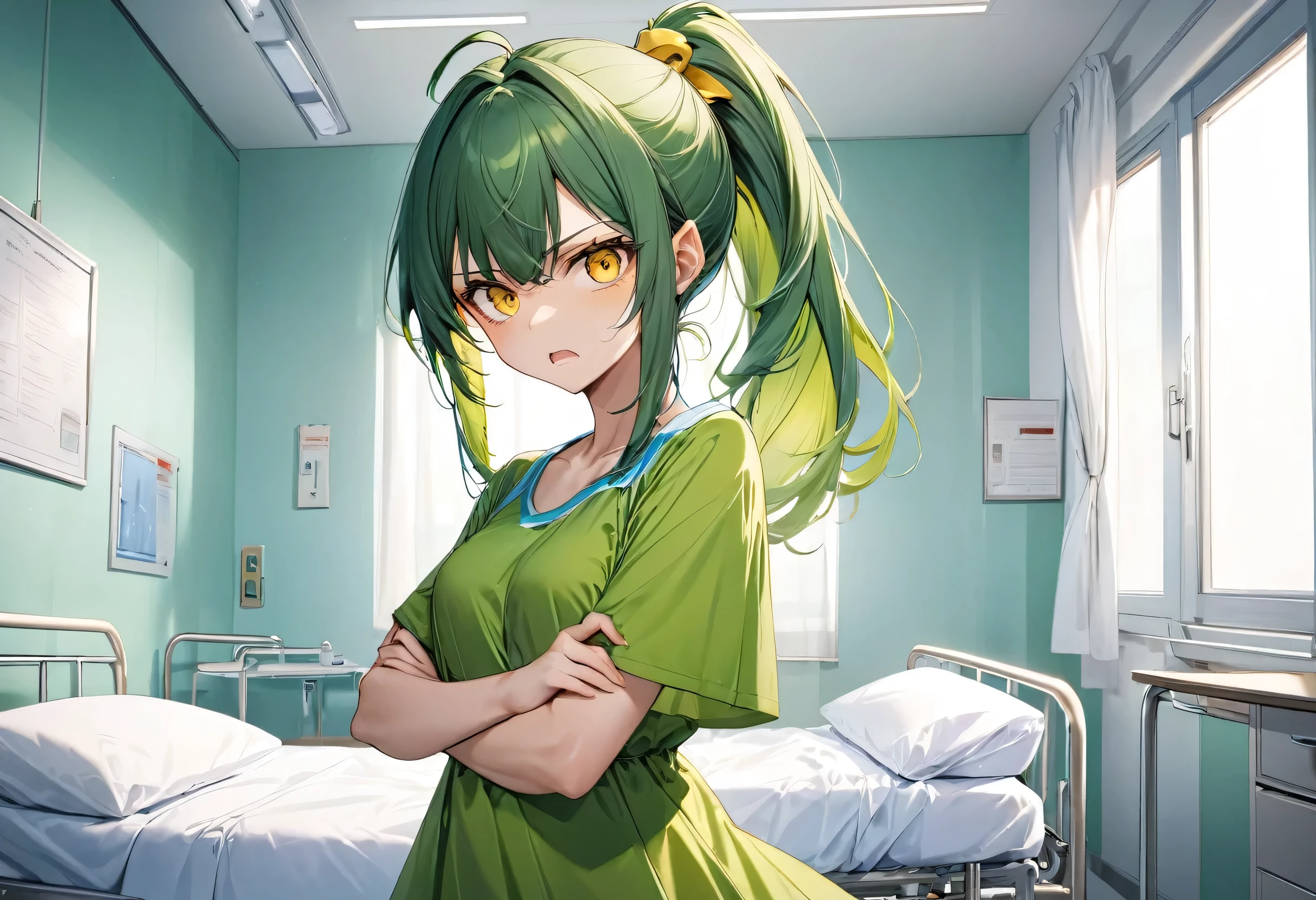 low-angle, (solo:1.3 ponytail green hair long hair angry girl, angry yellow eyes), (15 yo), break, (in a cute green summer one piece dress), BREAK, (in the Hospital bedroom), (standing side for bed, looking down, crossing arms), (background is lightning:0.5), BREAK, perfect anatomy, masterpiece, best quality, 16k, beautiful detailed grow, daydreaming expression.