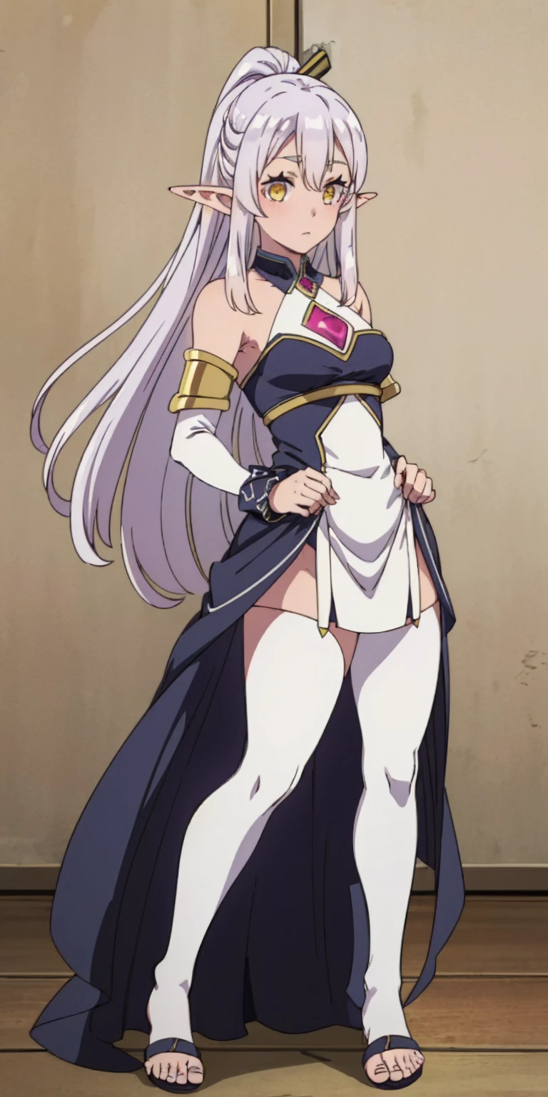 (Masterpiece, plain background:1.2) Female full body, standing straight symmetrical feet together, blood dark elf, dark skin, long messy white hair, 2longs elf ars, circlet, yellow eyes, 1990s (style), female 1sologirl