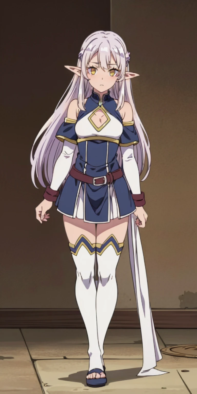 (Masterpiece, plain background:1.2) Female full body, standing straight symmetrical feet together, blood dark elf, dark skin, long messy white hair, 2longs elf ars, circlet, yellow eyes, 1990s (style), female 1sologirl