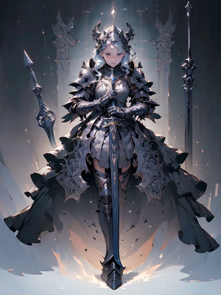Design a layout showcase Gaming character, (1girl),(perfect face). Black|Gold clothes, opulent and dark. ((showcase weapon:1.4)), cursed blade. (masterpiece:1.2), (best quality), 4k, ultra-detailed. (Step by step design, layout art:1.5), (gloomy lighting, cursed atmosphere). dark knight, ((cursed gloves)), (((revealing armor:1.3))), dark vambraces, cursed boots, (((full_body_shot:1.4))).
