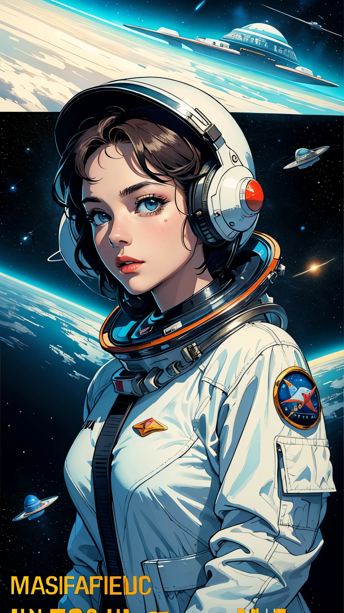((masterpiece, highest quality)), 32k wallpaper, very detailed, poster, vintage science fiction, 1960s,(((space thriller cinematic movie poster))), (bauhaus), shape,abstract, mid century modern, movie poster, vintage, Perfect Lady,anime,1970's,halftone,speech bubble,galaxy,super hero,((portfolio,Close-up))