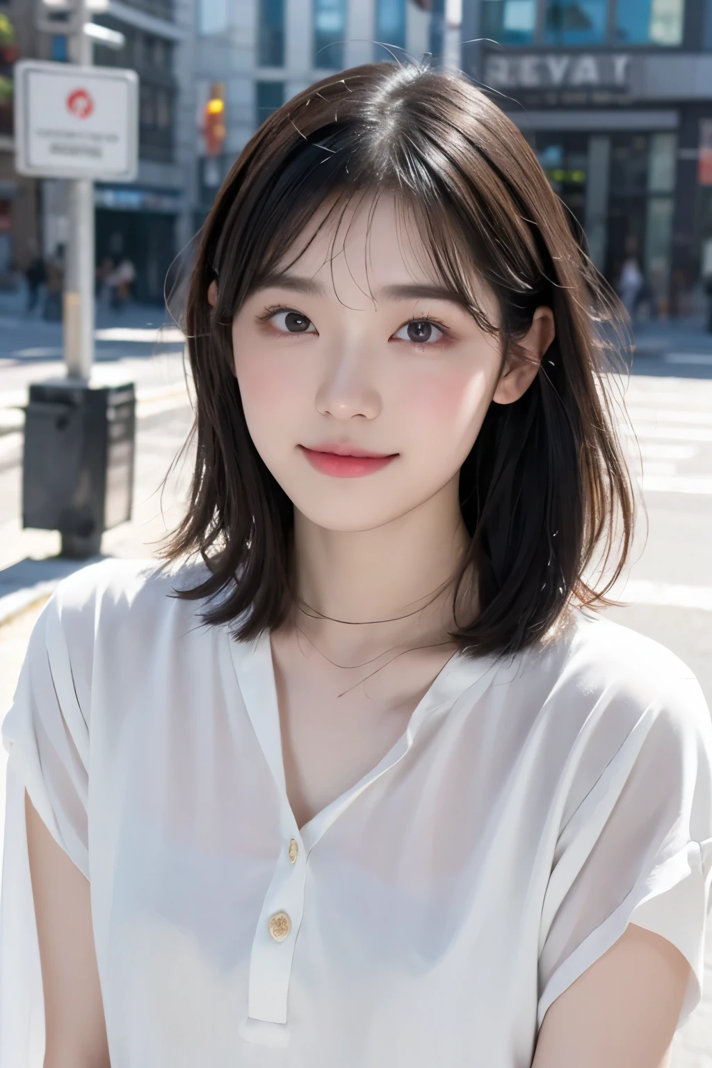 Realistic, High resolution, 1 female, Glowing Skin, alone, Wide lips,Color Contact Lenses,Weight 40kg,round face,Realistic skin texture,Genuine,Detailed face,Mr.々A pose,Female college student,Idol body type,Snow-white skin,short hair,Wavy Hair,18-year-old,Outdoor,What a lovely smile,Casual Coordination,clothes