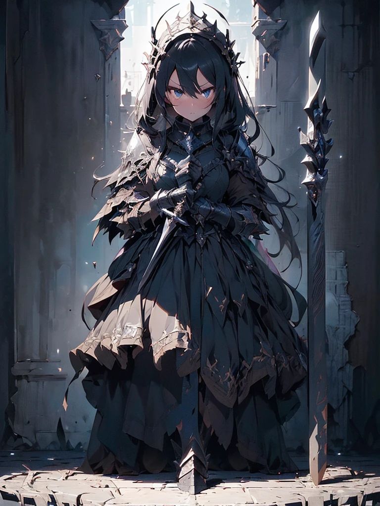 Design a layout showcase Gaming character, (1girl),(perfect face). Black|Gold clothes, opulent and dark. ((showcase weapon:1.4)), cursed blade. (masterpiece:1.2), (best quality), 4k, ultra-detailed. (Step by step design, layout art:1.5), (gloomy lighting, cursed atmosphere). dark knight, ((cursed gloves)), (((revealing armor:1.3))), dark vambraces, cursed boots, (((full_body_shot:1.4))).