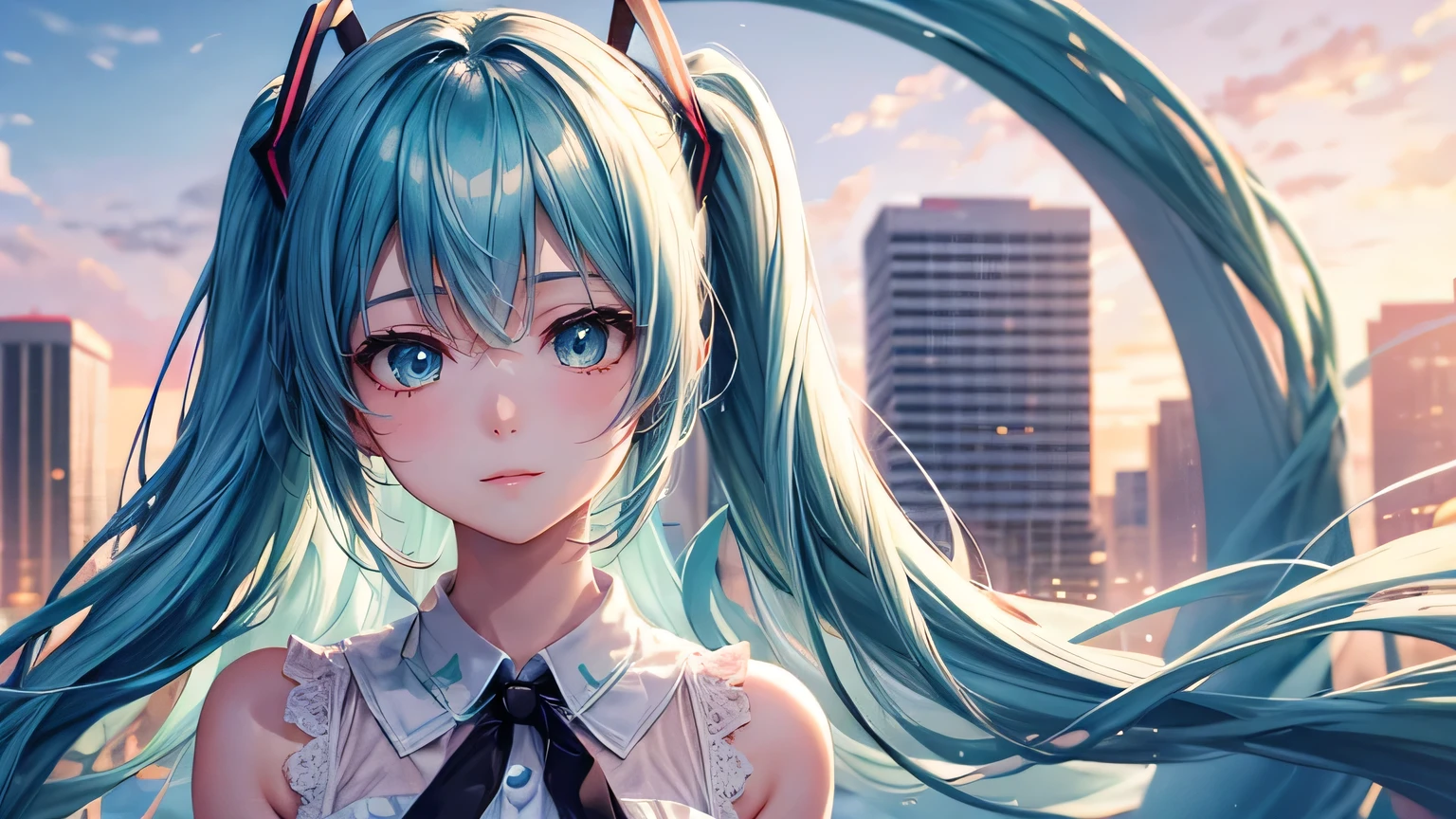 miku hatsune : 1.3, Blue Hair: 1.2, , Daytime: 1.2,In the summer town: 1.1, Cinema Lighting, Ultra-high resolution, Accurate, Super detailed, Textured skin, High detail, highest quality, 8k,Thin bangs, (Beautiful sky),(The Shining), Upper Body,Thick body, Well-drawn eyes, Focus on the face,summer,White and cute dress,Detailed hair depiction,evening,summer、City Background,Detailed depiction of eyes、Detailed depiction of hair、