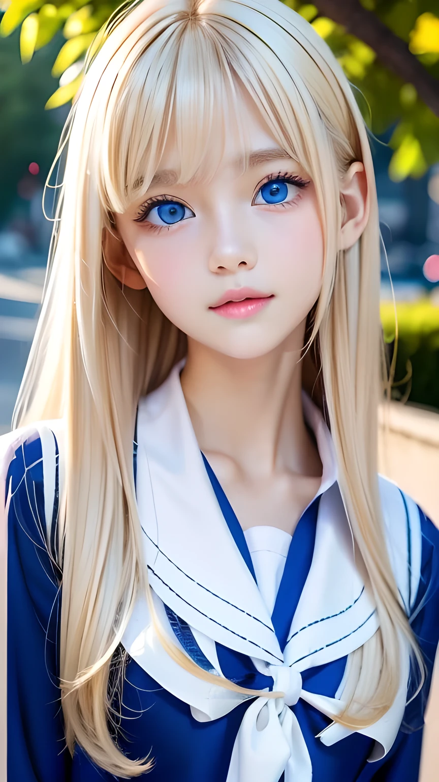 Portrait、(School uniform)、Sailor suit、Bright expression、bangs over eyes、Hair on the face、Younger, brighter, whiter skin、Best Looks、Blonde reflection、Natural platinum blonde hair with dazzling highlights、Super long straight silky hair、Shiny bright hair,、Super long, silky straight hair、Shiny beautiful bangs、Sparkling, clear, attractive, big bright blue eyes、A very beautiful, lovely and cute 16 year old girl.、Big and ample breasts、With slits、((The whole body is visible))、Cheek gloss highlighter、Small Face Girl、Round face