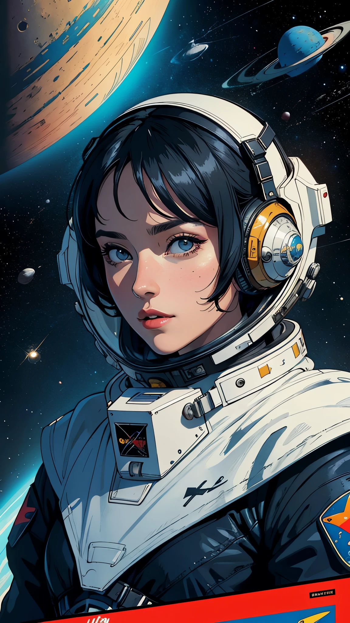 ((masterpiece, highest quality)), 32k wallpaper, very detailed, poster, vintage science fiction, 1960s,(((space thriller cinematic movie poster))), (bauhaus), shape,abstract, mid century modern, movie poster, vintage, Perfect Lady,anime,1970's,halftone,speech bubble,galaxy,super hero,((portfolio,Close-up))