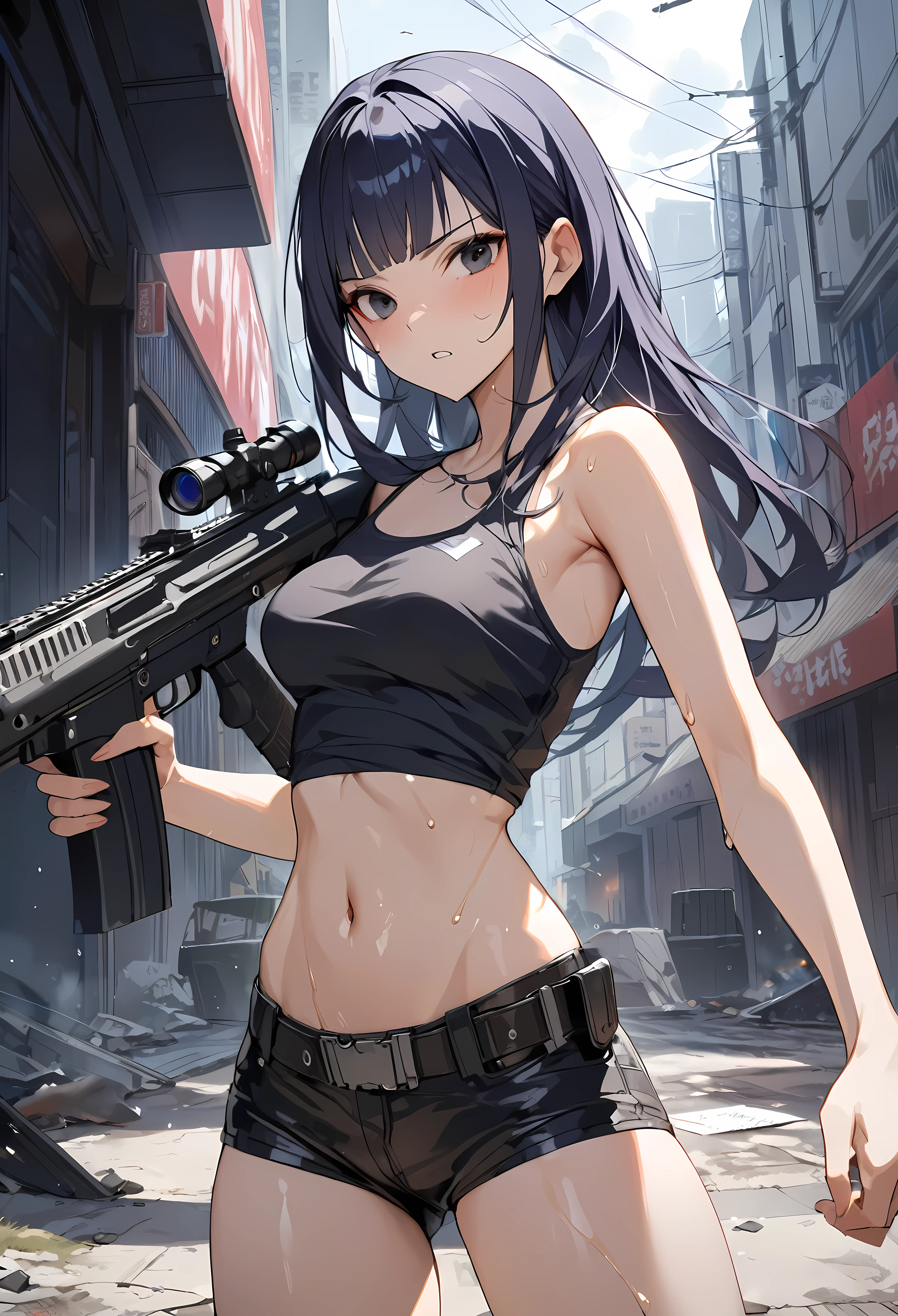 Action Scenes、Urban Warfare、Gunfight、((masterpiece, highest quality:1.3)),cowboy shot,20 year old beauty,solo,((very small head)),dark blue hair,long hair,black eyes,blunt bangs,medium breasts,((long body,slender body)),skinny,shiny skin,oily skin,sweat,Serious Face,Black tight tank top、Navel exposed、Black leather micro mini shorts、gunbelt,equipped with automatic rifle、Shoot a gun:1.5,on street、Ruined Tokyo、End of the World、