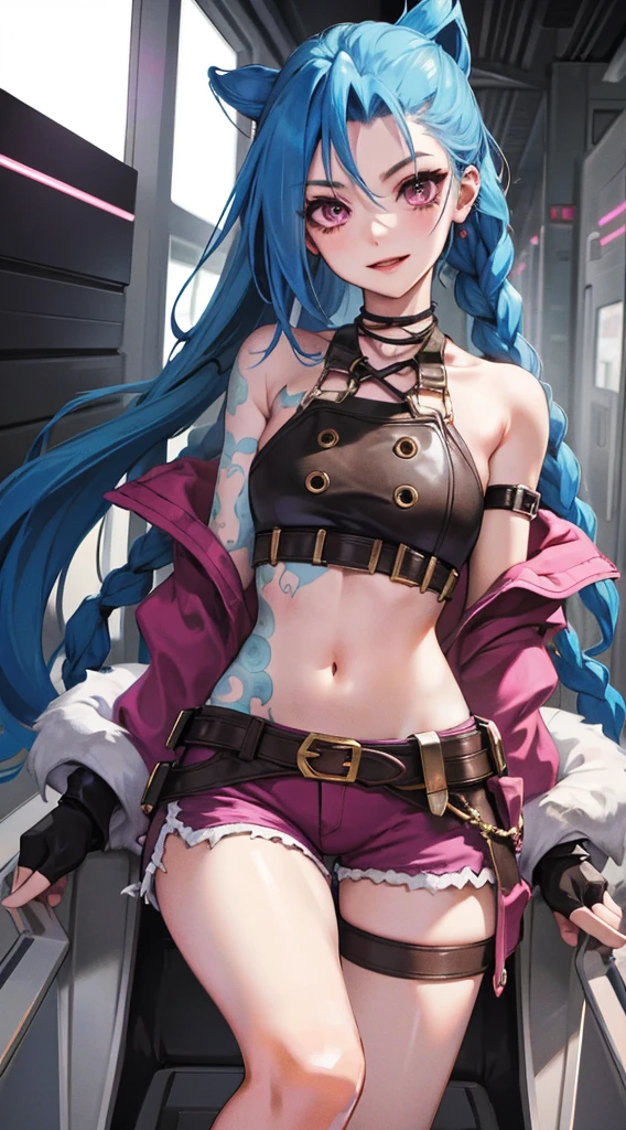 Jinx,Fleshy thighs，Insgram,posture，Ultra shorts，Western Metal，D cup，Happy expression