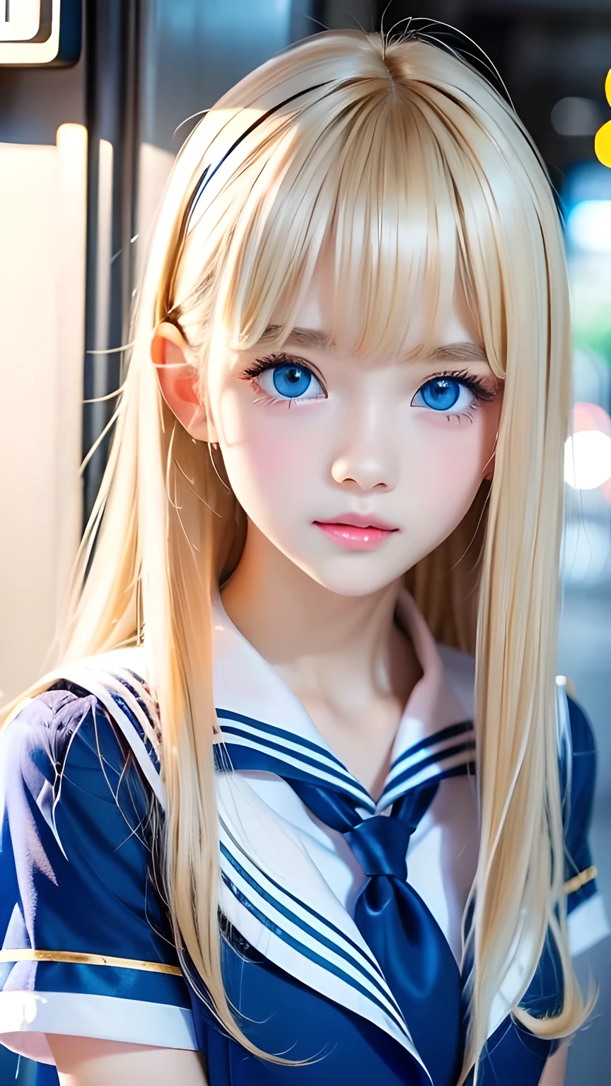 Portrait、(School uniform)、Sailor suit、Bright expression、bangs over eyes、Hair on the face、Younger, brighter, whiter skin、Best Looks、Blonde reflection、Natural platinum blonde hair with dazzling highlights、Super long straight silky hair、Shiny bright hair,、Super long, silky straight hair、Shiny beautiful bangs、Sparkling, clear, attractive, big bright blue eyes、A very beautiful, lovely and cute 16 year old girl.、Big and ample breasts、With slits、((The whole body is visible))、Cheek gloss highlighter、Small Face Girl、Round face