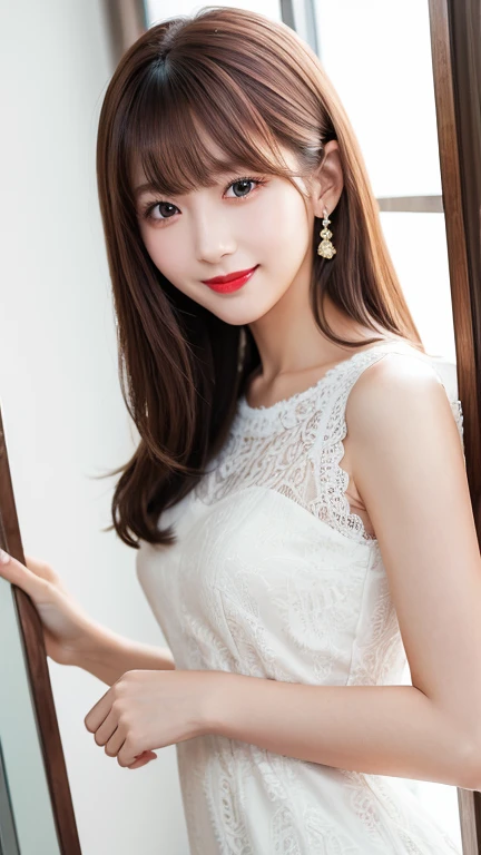 highest quality、8k wallpaper、Reality:1.8、Photographed in natural light、View your viewers、background:Window in a white room、1 beautiful girl、Japanese Idol、30 years old、Beautifully detailed eyes、Detailed face、Beautiful Skin、Slender、Slim waist、Thin legs、Red lipstick、Fancy hairstyle:1.8、Random hair color、Light Hair、Asymmetrical bangs、Lace fabric dress:Random color、Wear a fur coat 、smile:1.4、Seductive pose