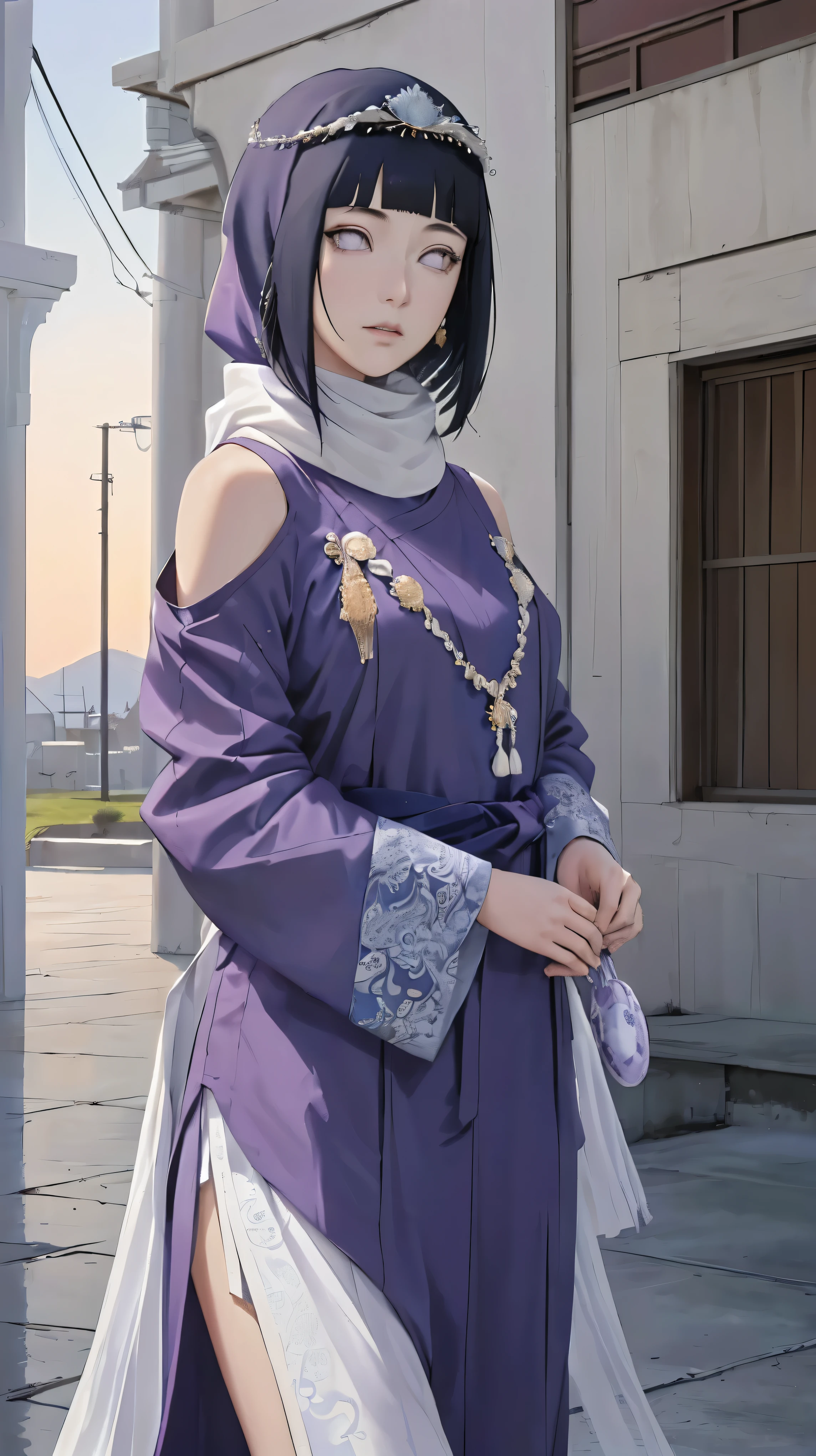 (masterpiece, top quality, best quality, official art, beautiful and aesthetic: 1.2), (1girl), (depicted as Hyuga Hinata from the anime Naruto), (long dark blue hair, cascading down her shoulders), (styled with white eyes, distinctive of her Byakugan heritage), (beautiful, with expressive features and captivating charm), (clad in purple clothes, traditional to Muslim attire), (wearing a mukena, intricately designed and flowing), (head adorned with a hijab, adding a layer of cultural authenticity), (set against a serene mosque background), (ultra-detailed, every fiber