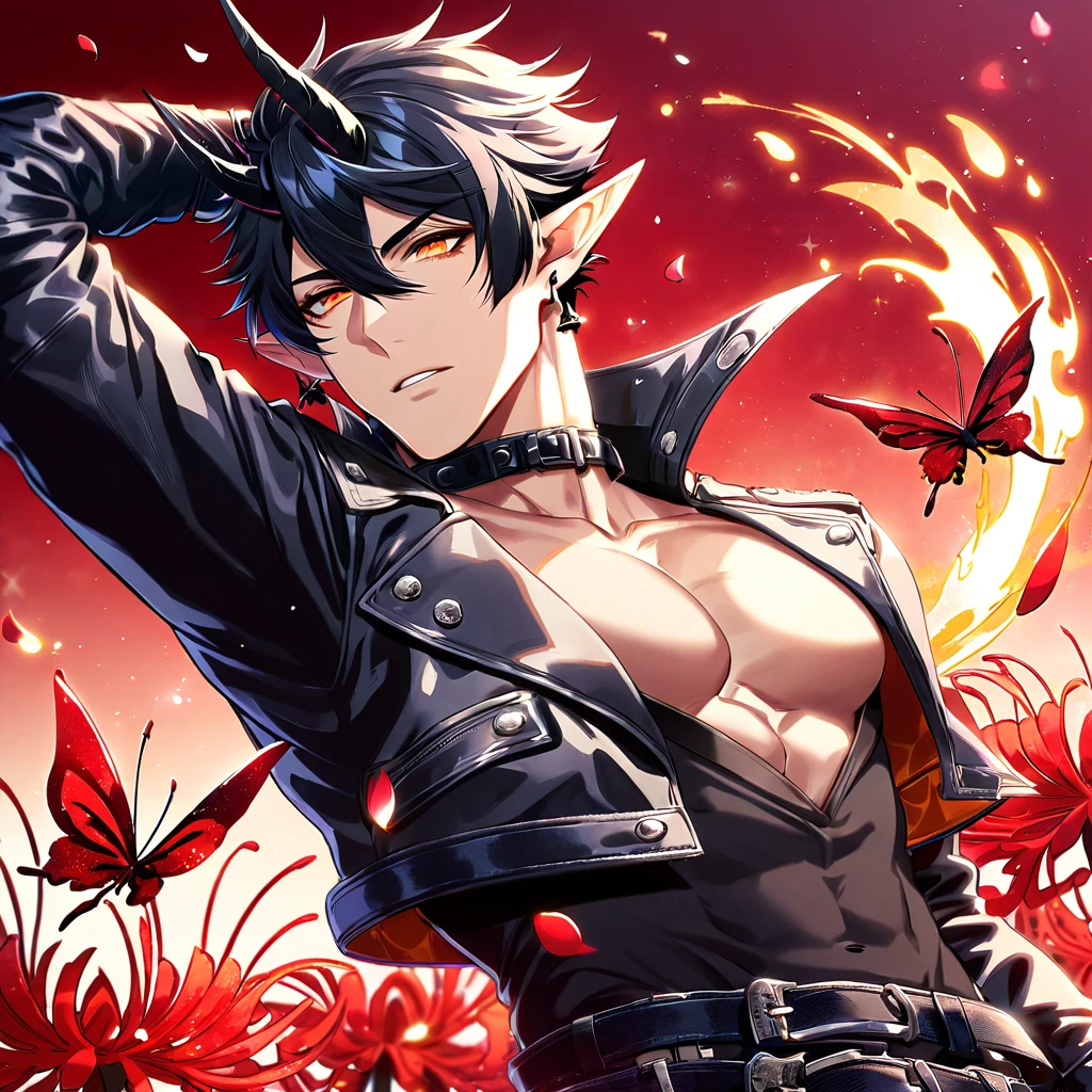 absurdres, highres, ultra detailed, HDR) master piece, best quality, Flamebringer, black hair, expressive orange eyes, Arknights, solo, sexy man, handsome, toned chest, slightly pointy ears, black horns, black tight shirt, cropped leather jacket, black collar, black earrings, magical fantasy, red butterflies, glittering, sparkling, red spider lilies, petals, radiant, red background