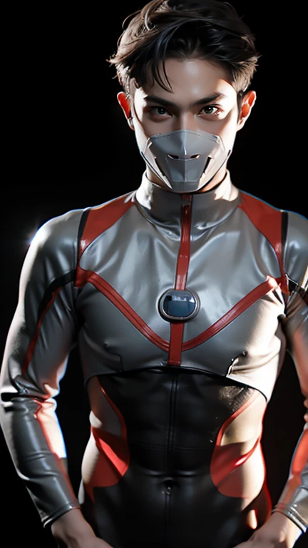 Young beautiful boy, young handsome boy, Ultraman Boy personification, Ultraman-colored latex, Ultraman-colored rubber bodysuit, Ultraman color suit, Ultraman body suit, muscles, abs, mask off Ultraman Boy, Ultraman Boy without mask, Ultraman Boy suit, Ultraman Boy cosplay, Ultraman Boy costume, boy's body, Ultraman Boy with face exposed, Ultraman without mask Boy, Ultraman without mask, medium-length hair, ponytail hair, color timer on chest, energy drain on chest, Ultraman Boy, boy's face, young boy with long hair, Ultraman Boy cosplayer, exposed face, 13 to 15 ye boy's face, high definition, highest quality, best masterpiece, highest clarity, highest resolution, 8K, 16K, 32K, CG art, highest detail,