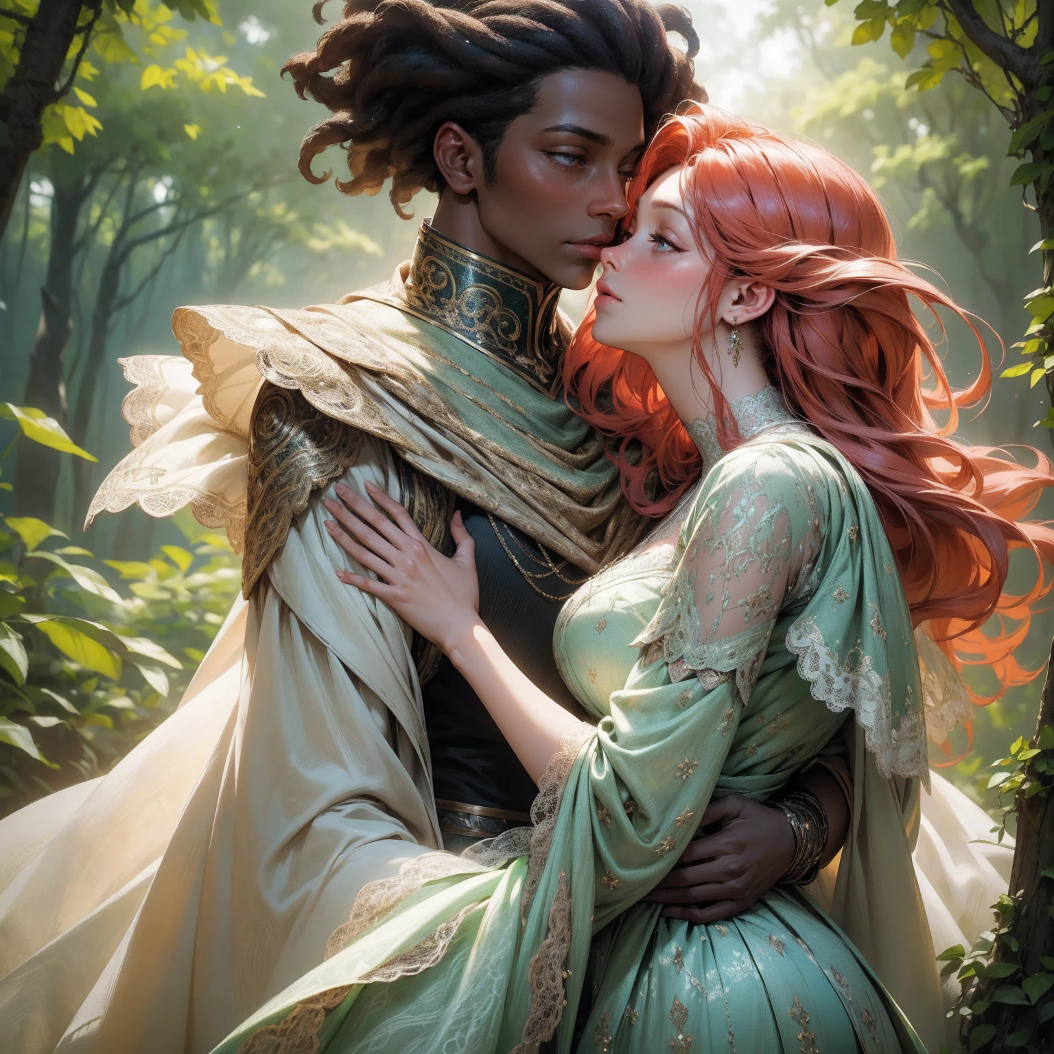 {-erro_de_anatomia:1.0}(best quality,4k,8k,highres,masterpiece:1.2), ultra-detailed, (realistic,photorealistic,photo-realistic:1.37), mature milf, illyasviel von einzbern, redhead hair, upper body, vibrant colors, glowing skin, mesmerizing eyes, brown eyes, elegant pose, enchanting background, delicate lace dress, green dress, surreal lighting, ethereal atmosphere, mystical aura, intricate details, artistic medium, digital illustration, fantasy, anime, walking on nature, kissing a beautiful black man