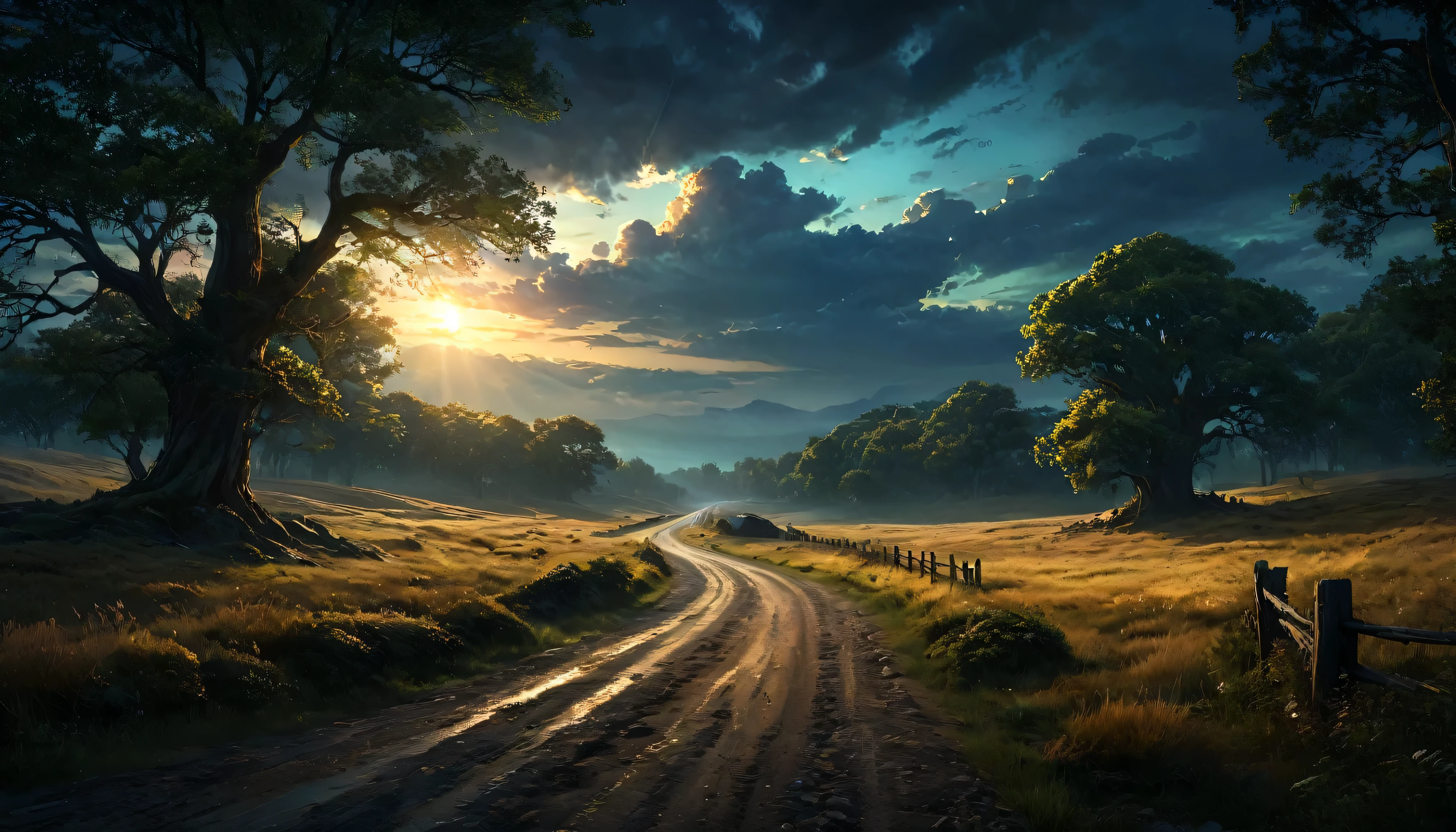(anime, dark fantasy), (best quality, high resolution, depth of filed, HDR:1.2), (a lone road in the empty field, plain, bridge, dirt road, trading caravan), fantastical landscapes, (dark gloomy atmosphere). A mesmerizing fantasy with enchanting elements blending seamlessly, beautiful, extremely detailed, intricate, delicate, serene fantasy, light filtering through the trees, bokeh, cinematic lighting, 8k, high quality