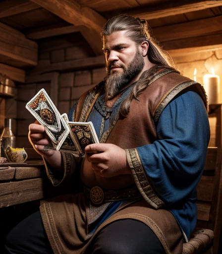 He is sitting facing the viewer Holding his cards with both hands. He looks menacing, Just chubby plump extremely thick thighs (melhor qualidade,4K,8k,high resolution,obra de arte:1.2),ultra-detalhado,realista:1.37,homens,grown-up homens,old homens,fat white muscular homens,cabelo da barriga,large bulges, (((he is in a viking tavern holding magic cards with his hands, he is in a game of magic cards inside a bad tavern, he wears a mystical wizard&#39;s overcoat))). pants,camisa xadrez,barba,nojento,60-year-old homens,family,pai,barriga de urso,terno de abertura. Sentado na beirada da cama. apenas usando sunga no corpo. Looking at the spectator gesturing with his hands. Asking for your hand, pedindo um objeto., Se adequa, vetor, mwvetor