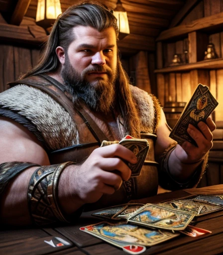 He is sitting facing the viewer Holding his cards with both hands. He looks menacing, Just chubby plump extremely thick thighs (melhor qualidade,4K,8k,high resolution,obra de arte:1.2),ultra-detalhado,realista:1.37,homens,grown-up homens,old homens,fat white muscular homens,cabelo da barriga,large bulges, (((he is in a viking tavern holding magic cards with his hands, he is in a game of magic cards inside a bad tavern, he wears a mystical wizard&#39;s overcoat))). pants,camisa xadrez,barba,nojento,60-year-old homens,family,pai,barriga de urso,terno de abertura. Sentado na beirada da cama. apenas usando sunga no corpo. Looking at the spectator gesturing with his hands. Asking for your hand, pedindo um objeto., Se adequa, vetor, mwvetor