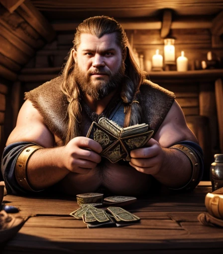 He is sitting facing the viewer Holding his cards with both hands. He looks menacing, Just chubby plump extremely thick thighs (melhor qualidade,4K,8k,high resolution,obra de arte:1.2),ultra-detalhado,realista:1.37,homens,grown-up homens,old homens,fat white muscular homens,cabelo da barriga,large bulges, (((he is in a viking tavern holding magic cards with his hands, he is in a game of magic cards inside a bad tavern, he wears a mystical wizard&#39;s overcoat))). pants,camisa xadrez,barba,nojento,60-year-old homens,family,pai,barriga de urso,terno de abertura. Sentado na beirada da cama. apenas usando sunga no corpo. Looking at the spectator gesturing with his hands. Asking for your hand, pedindo um objeto., Se adequa, vetor, mwvetor