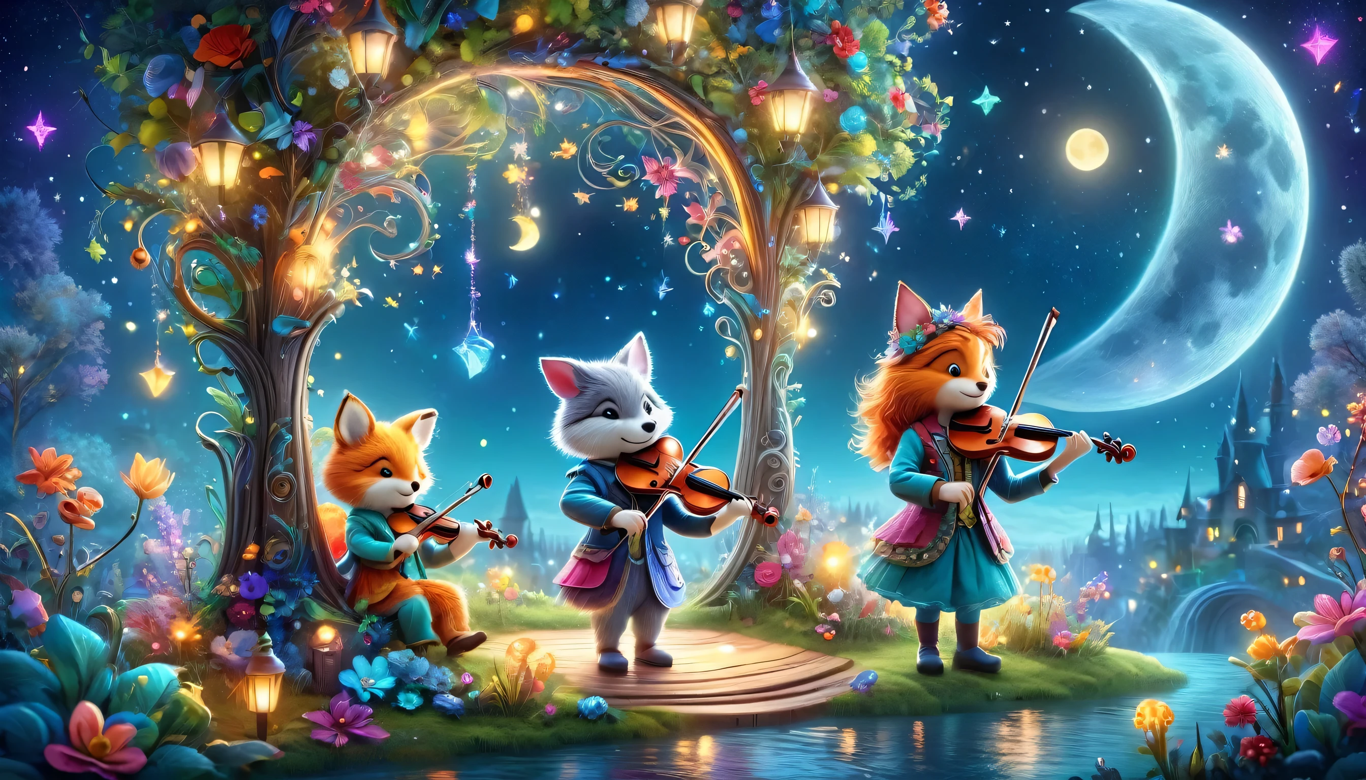 Create a background with a colorful and enchanting scene featuring vibrant characters and imaginative elements. Show a violin, playing a tune, in the moonlit night, under the stars' commune. Include whimsical details and a magical atmosphere to captivate and delight kids."