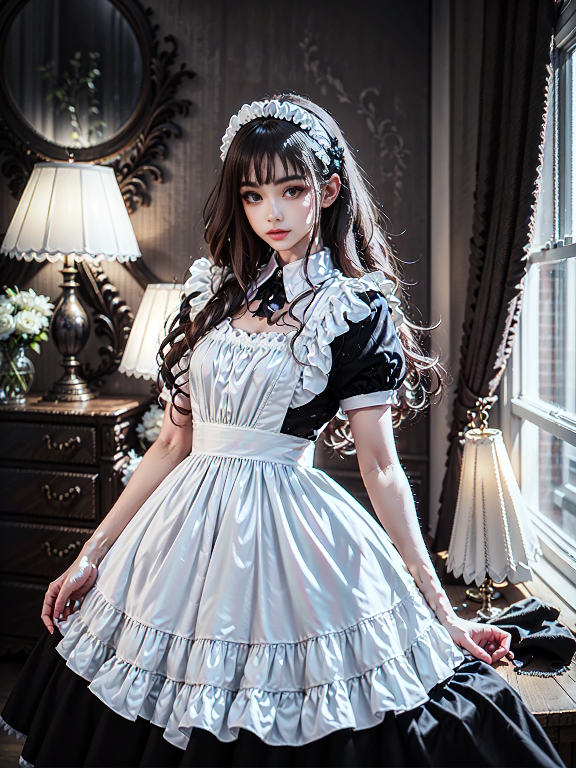 ((cuerpo completo, plano general:1.5)), a young woman maid, hyper detailed, iridescent, idyllic, magical, dynamic pose cleaning a dresser with ornaments, (best quality,4k,8k,highres,masterpiece:1.2),ultra-detailed,(realistic,photorealistic,photo-realistic:1.37),1girl,intricate details,beautiful detailed eyes,beautiful detailed lips,extremely detailed eyes and face,longeyeleshs,elegant dress,studio lighting,professional,vivid colors,warm lighting