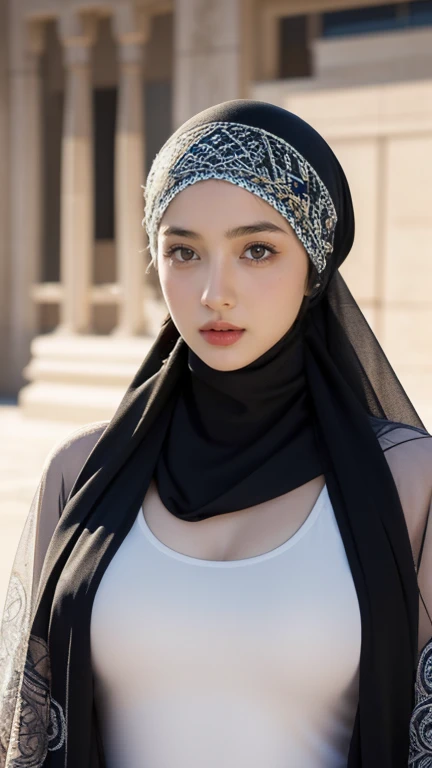 a woman wearing a black hijab and a white sweater, wrapped in a black scarf, face is wrapped in a black scarf, nun fashion model, hijab, wearing white silk hood, white hijab, shawl, nun fashion model looking up, inspired by Xia Yong, black scarf, in background, head scarf, inspired by Cheng Shifa, inspired by Ni Yuanlu