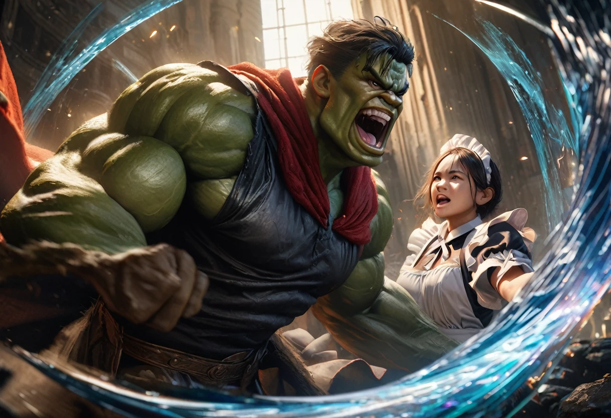 a confused hulk in a maid outfit,doctor strange laughing,magic barrier,photorealistic,digital painting,highly detailed,cinematic lighting,vibrant colors,dramatic atmosphere,hyperrealistic textures,masterpiece,ultra-detailed