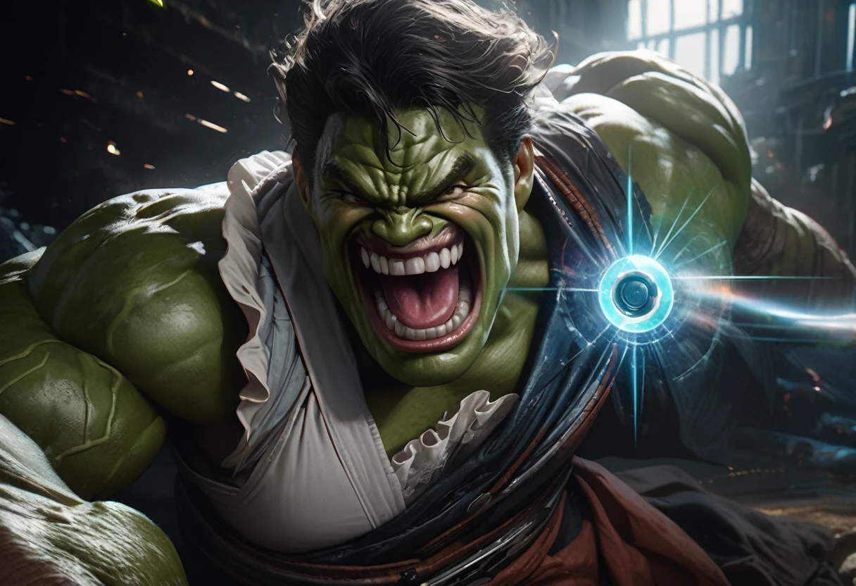 a confused hulk in a maid outfit,doctor strange laughing,magic barrier,photorealistic,digital painting,highly detailed,cinematic lighting,vibrant colors,dramatic atmosphere,hyperrealistic textures,masterpiece,ultra-detailed
